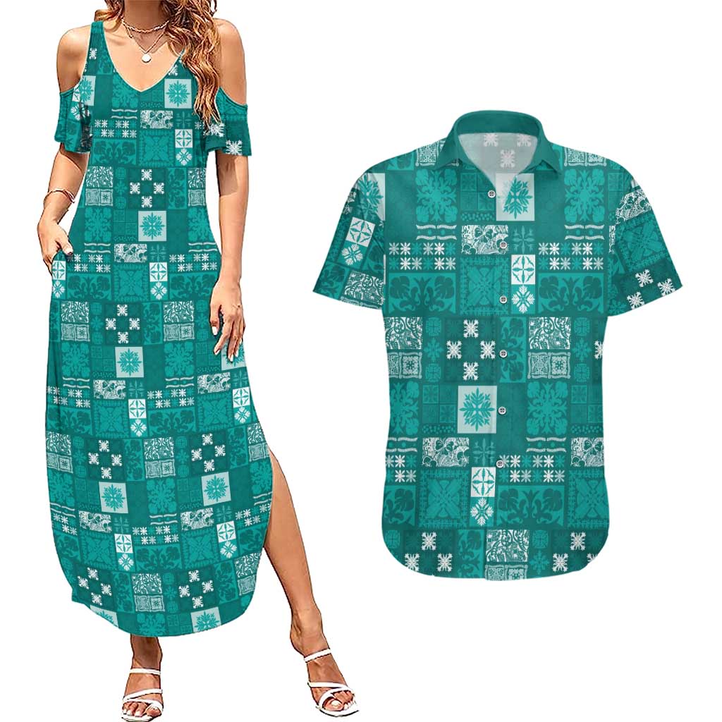 Vintage Hawaiian Quilting Patterns Couples Matching Summer Maxi Dress and Hawaiian Shirt Turquoise Style Tribal Fabric Patchwork - Polynesian Pride