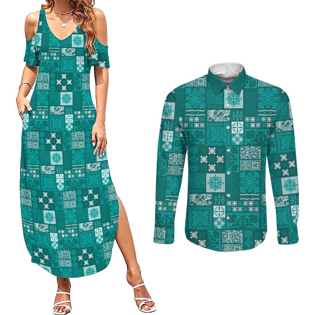 Vintage Hawaiian Quilting Patterns Couples Matching Summer Maxi Dress and Long Sleeve Button Shirt Turquoise Style Tribal Fabric Patchwork - Polynesian Pride