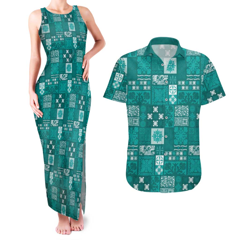 Vintage Hawaiian Quilting Patterns Couples Matching Tank Maxi Dress and Hawaiian Shirt Turquoise Style Tribal Fabric Patchwork - Polynesian Pride