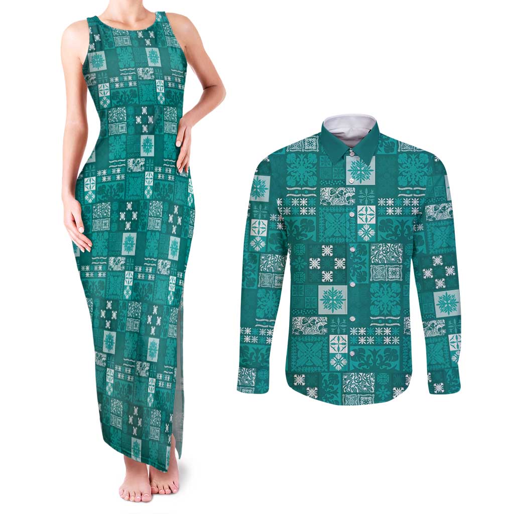 Vintage Hawaiian Quilting Patterns Couples Matching Tank Maxi Dress and Long Sleeve Button Shirt Turquoise Style Tribal Fabric Patchwork - Polynesian Pride