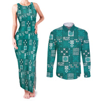 Vintage Hawaiian Quilting Patterns Couples Matching Tank Maxi Dress and Long Sleeve Button Shirt Turquoise Style Tribal Fabric Patchwork - Polynesian Pride