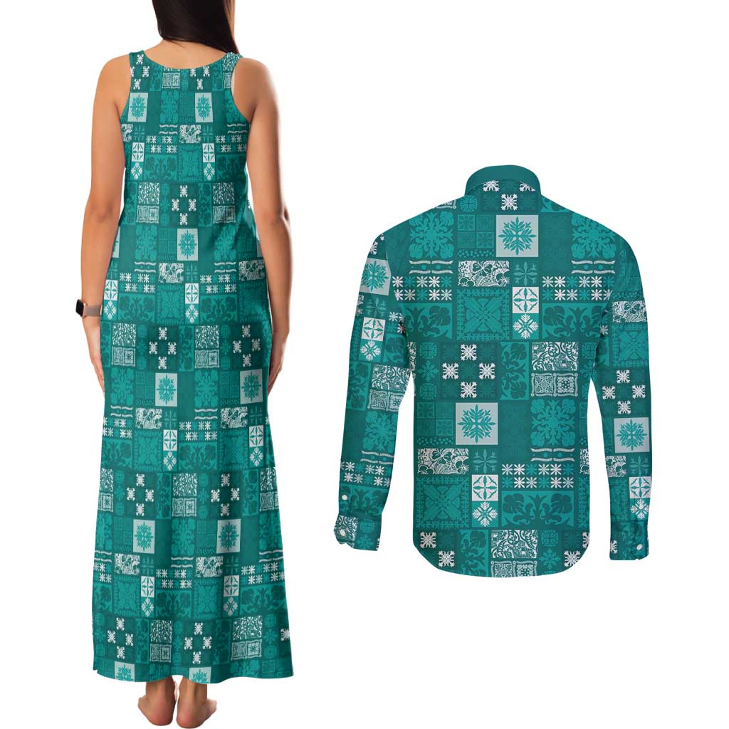 Vintage Hawaiian Quilting Patterns Couples Matching Tank Maxi Dress and Long Sleeve Button Shirt Turquoise Style Tribal Fabric Patchwork - Polynesian Pride