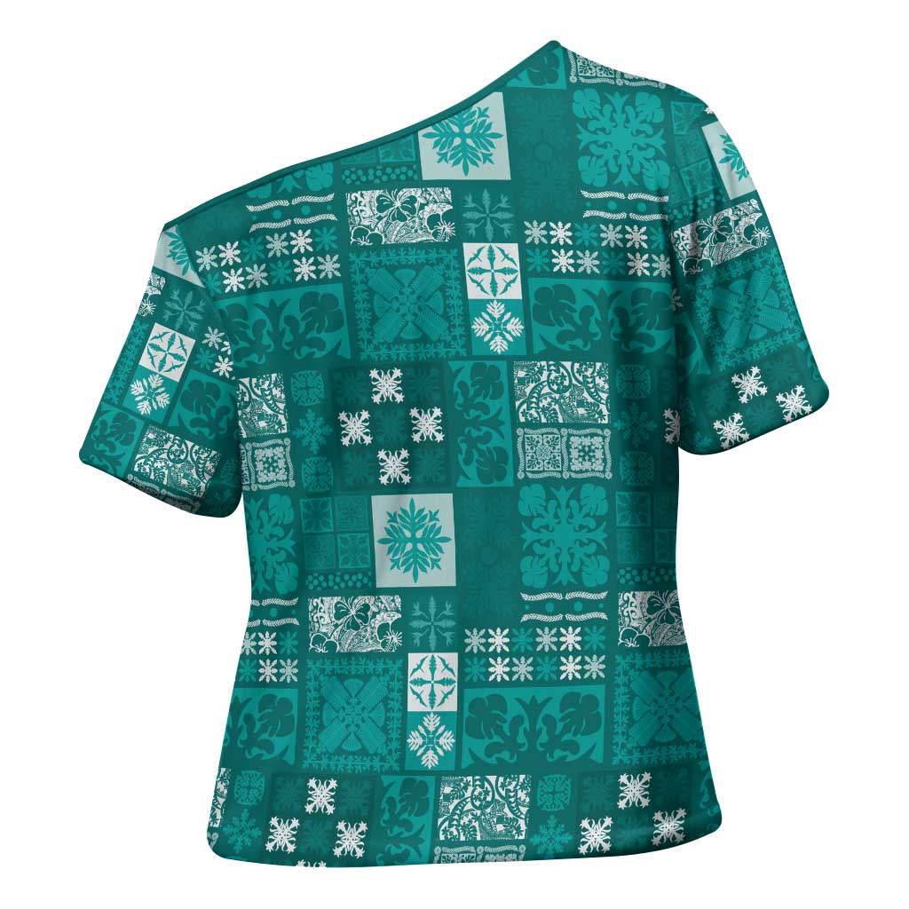 Vintage Hawaiian Quilting Patterns Cross Shoulder Shirt Turquoise Style Tribal Fabric Patchwork - Polynesian Pride