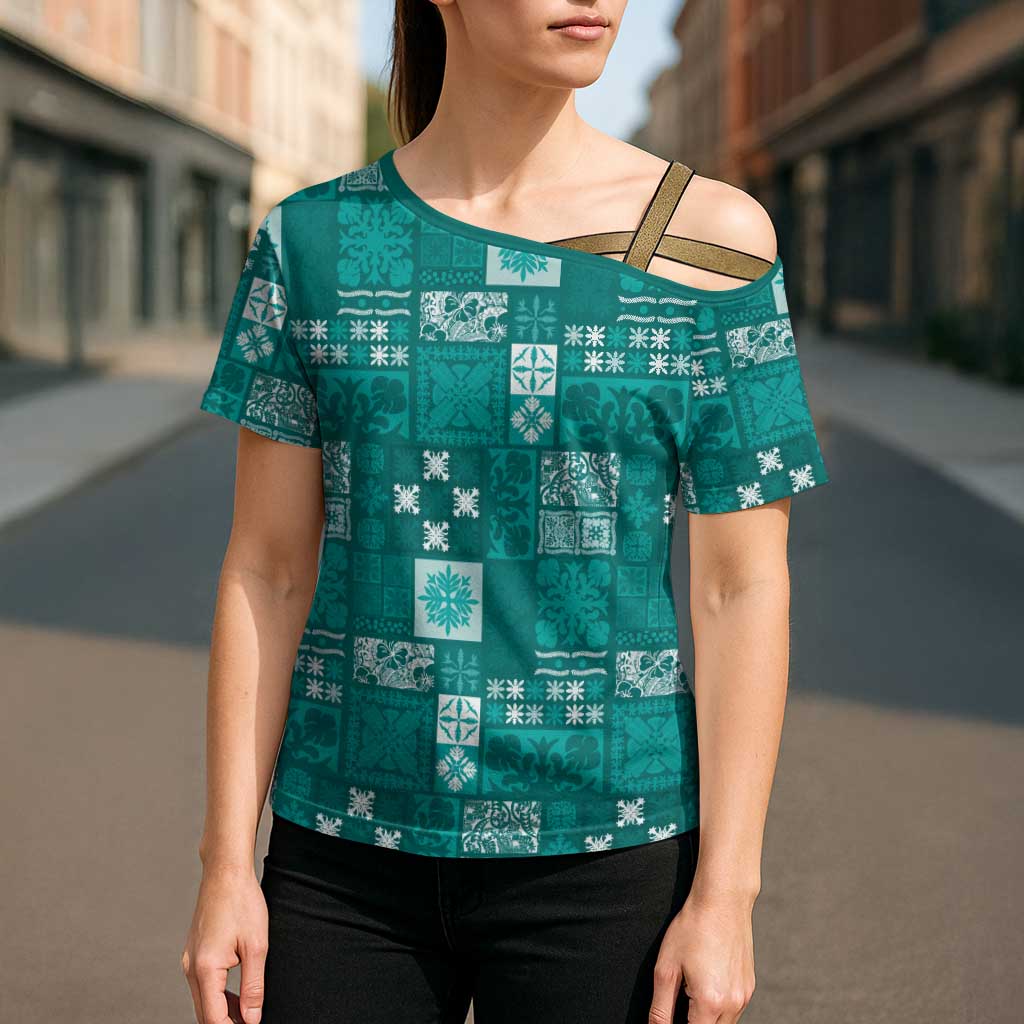 Vintage Hawaiian Quilting Patterns Cross Shoulder Shirt Turquoise Style Tribal Fabric Patchwork - Polynesian Pride