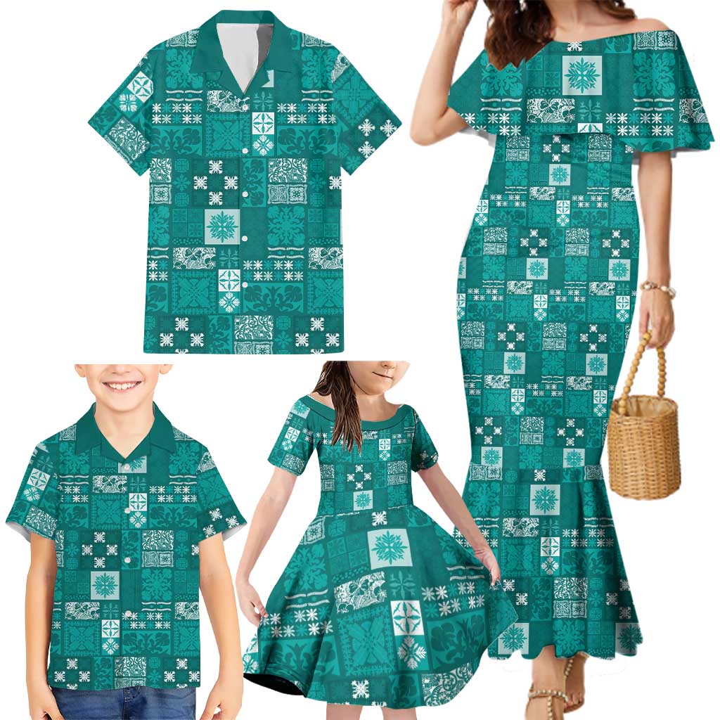 Vintage Hawaiian Quilting Patterns Family Matching Mermaid Dress and Hawaiian Shirt Turquoise Style Tribal Fabric Patchwork - Polynesian Pride
