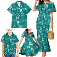 Vintage Hawaiian Quilting Patterns Family Matching Mermaid Dress and Hawaiian Shirt Turquoise Style Tribal Fabric Patchwork - Polynesian Pride