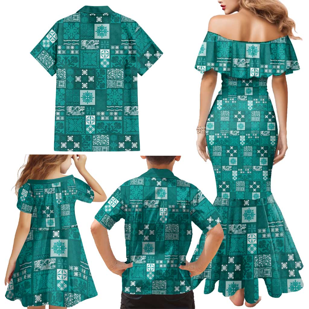 Vintage Hawaiian Quilting Patterns Family Matching Mermaid Dress and Hawaiian Shirt Turquoise Style Tribal Fabric Patchwork - Polynesian Pride