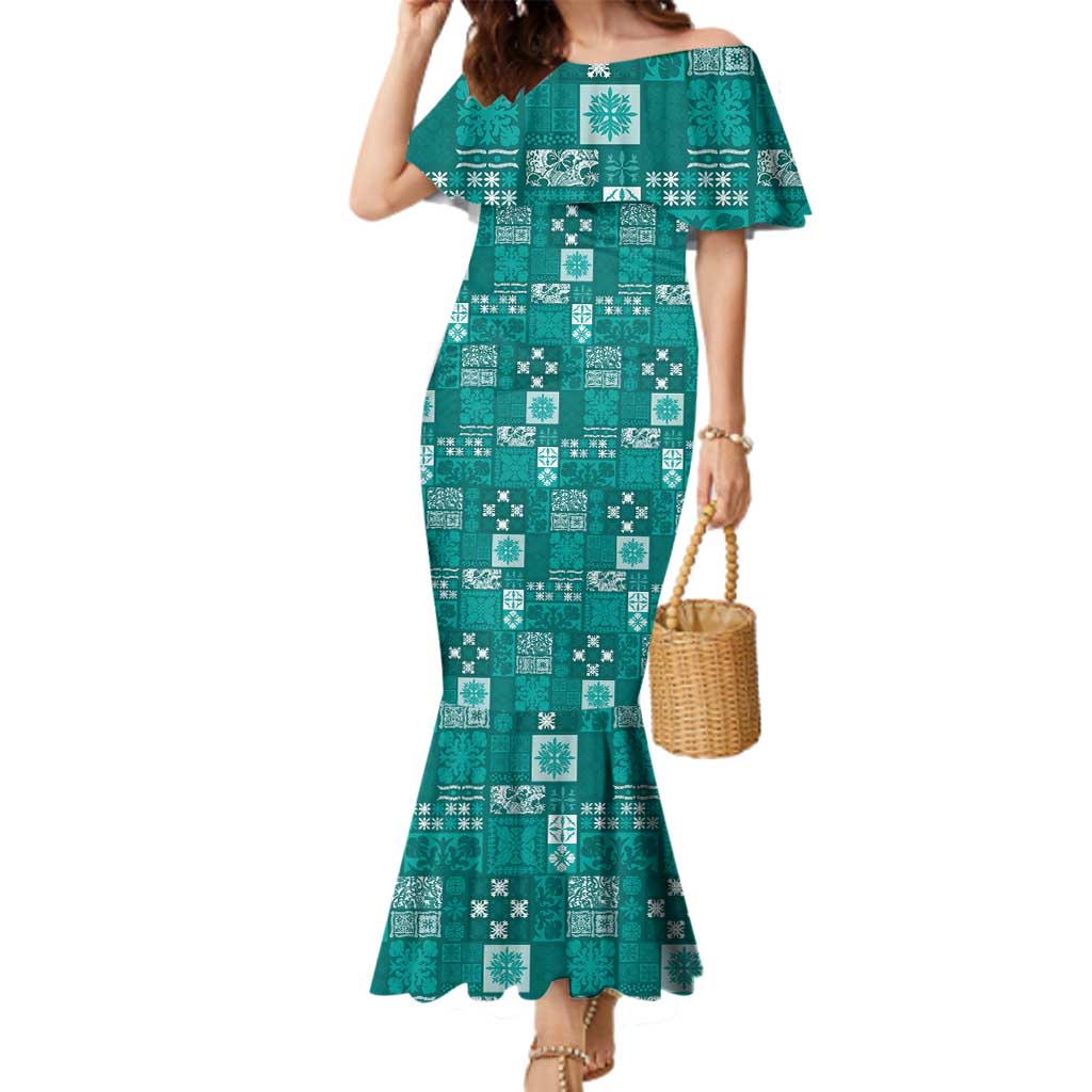 Vintage Hawaiian Quilting Patterns Family Matching Mermaid Dress and Hawaiian Shirt Turquoise Style Tribal Fabric Patchwork - Polynesian Pride