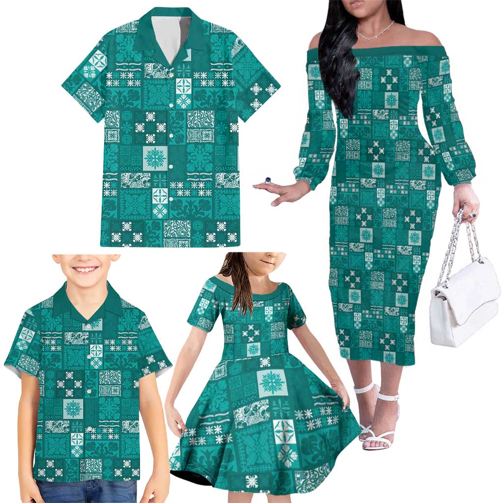 Vintage Hawaiian Quilting Patterns Family Matching Off The Shoulder Long Sleeve Dress and Hawaiian Shirt Turquoise Style Tribal Fabric Patchwork - Polynesian Pride