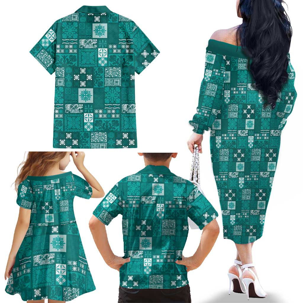 Vintage Hawaiian Quilting Patterns Family Matching Off The Shoulder Long Sleeve Dress and Hawaiian Shirt Turquoise Style Tribal Fabric Patchwork LT9 - Polynesian Pride