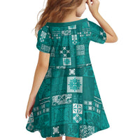 Vintage Hawaiian Quilting Patterns Family Matching Off Shoulder Short Dress and Hawaiian Shirt Turquoise Style Tribal Fabric Patchwork - Polynesian Pride