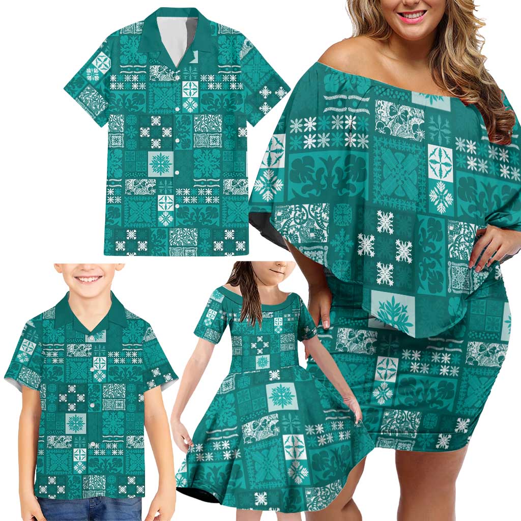 Vintage Hawaiian Quilting Patterns Family Matching Off Shoulder Short Dress and Hawaiian Shirt Turquoise Style Tribal Fabric Patchwork - Polynesian Pride