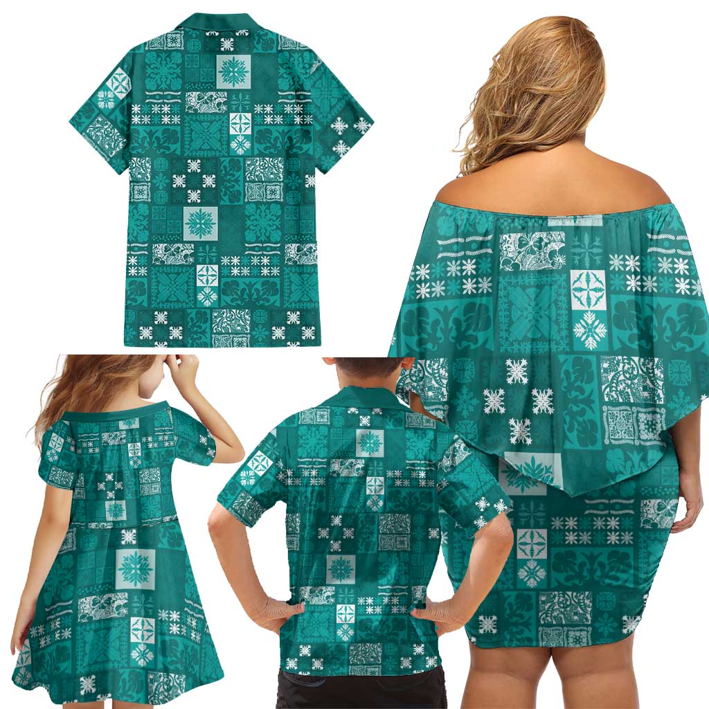 Vintage Hawaiian Quilting Patterns Family Matching Off Shoulder Short Dress and Hawaiian Shirt Turquoise Style Tribal Fabric Patchwork - Polynesian Pride