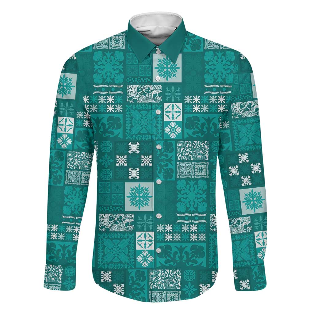 Vintage Hawaiian Quilting Patterns Family Matching Off Shoulder Short Dress and Hawaiian Shirt Turquoise Style Tribal Fabric Patchwork - Polynesian Pride