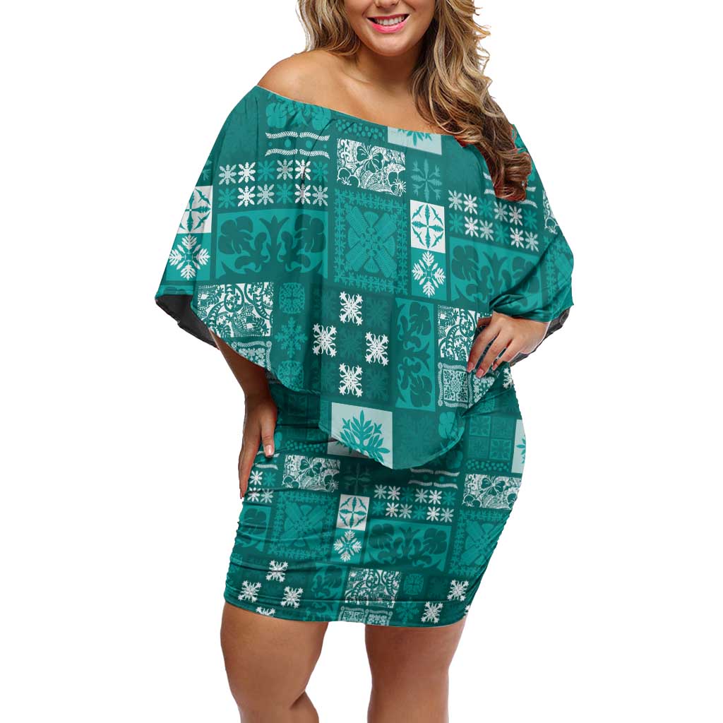 Vintage Hawaiian Quilting Patterns Family Matching Off Shoulder Short Dress and Hawaiian Shirt Turquoise Style Tribal Fabric Patchwork - Polynesian Pride