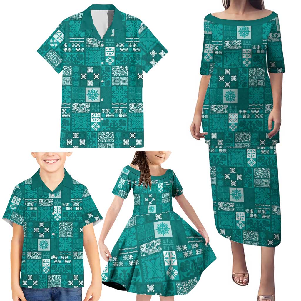 Vintage Hawaiian Quilting Patterns Family Matching Puletasi and Hawaiian Shirt Turquoise Style Tribal Fabric Patchwork - Polynesian Pride