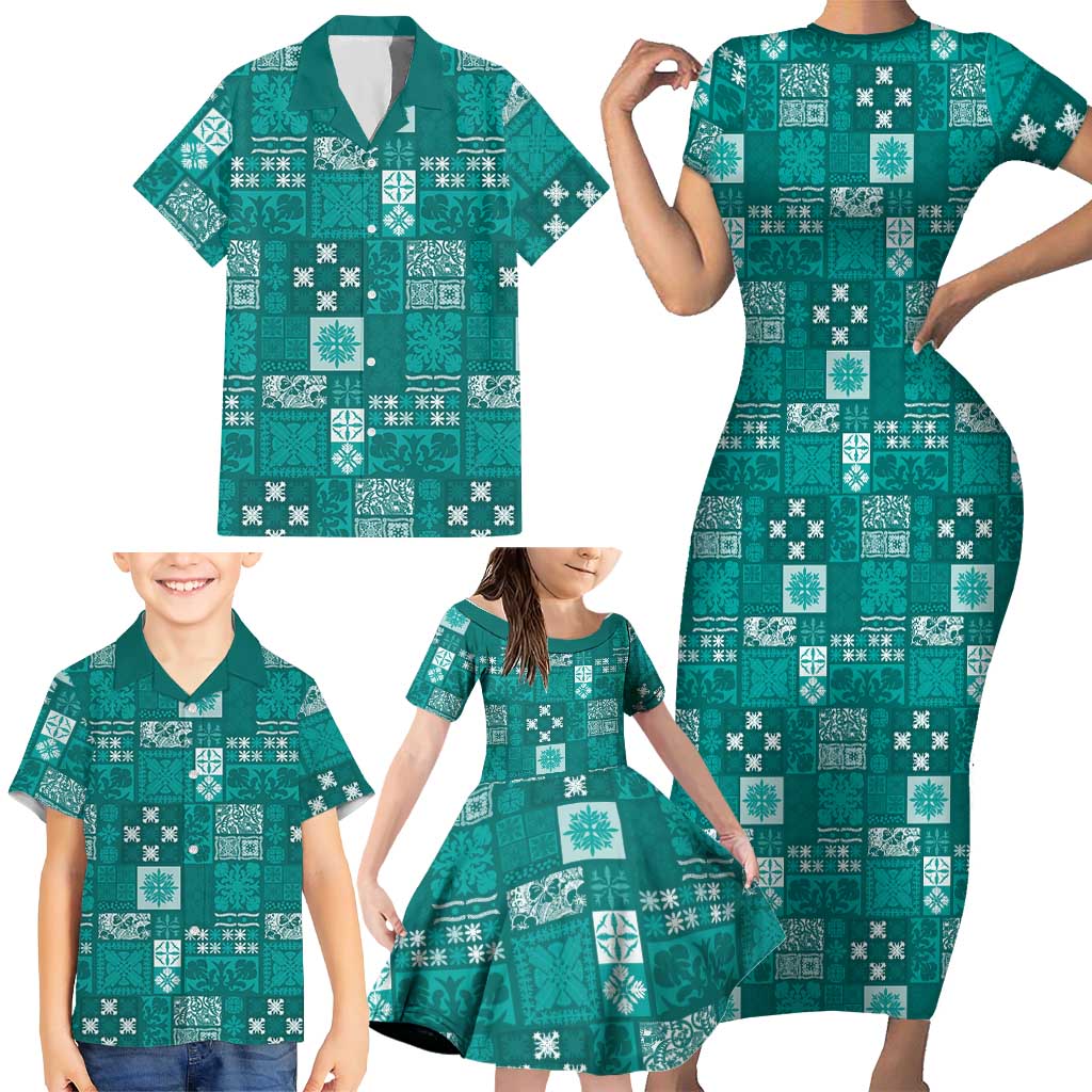 Vintage Hawaiian Quilting Patterns Family Matching Short Sleeve Bodycon Dress and Hawaiian Shirt Turquoise Style Tribal Fabric Patchwork - Polynesian Pride