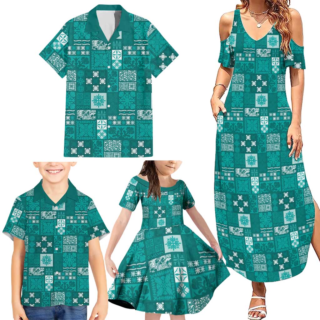 Vintage Hawaiian Quilting Patterns Family Matching Summer Maxi Dress and Hawaiian Shirt Turquoise Style Tribal Fabric Patchwork - Polynesian Pride
