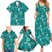 Vintage Hawaiian Quilting Patterns Family Matching Summer Maxi Dress and Hawaiian Shirt Turquoise Style Tribal Fabric Patchwork - Polynesian Pride
