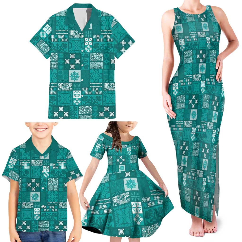 Vintage Hawaiian Quilting Patterns Family Matching Tank Maxi Dress and Hawaiian Shirt Turquoise Style Tribal Fabric Patchwork - Polynesian Pride