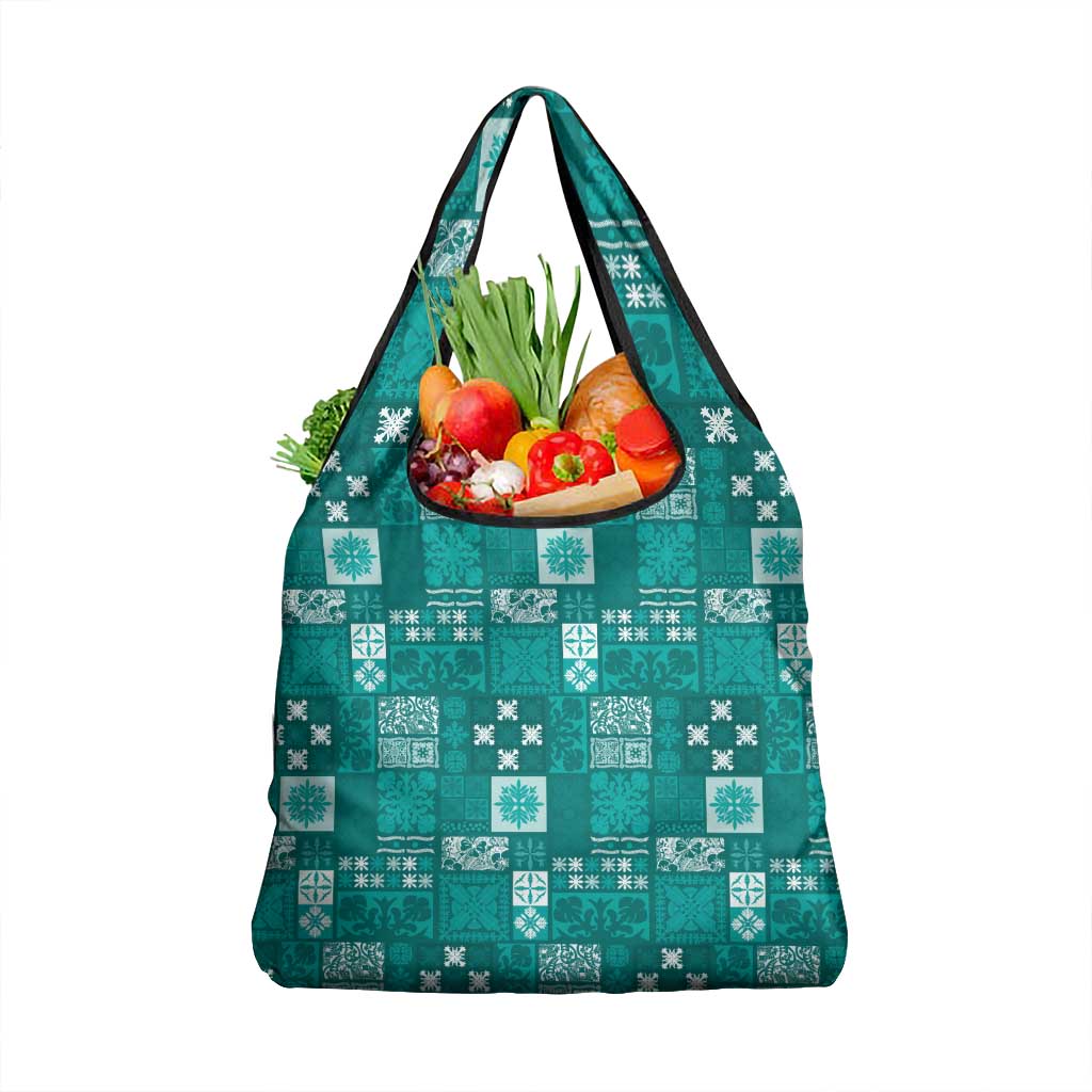 Vintage Hawaiian Quilting Patterns Grocery Bag Turquoise Style Tribal Fabric Patchwork - Polynesian Pride