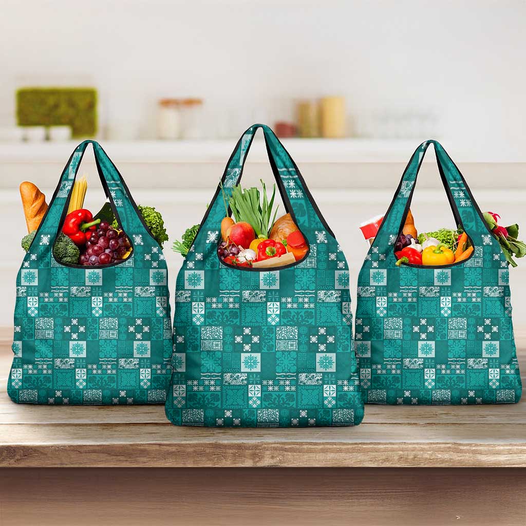 Vintage Hawaiian Quilting Patterns Grocery Bag Turquoise Style Tribal Fabric Patchwork - Polynesian Pride