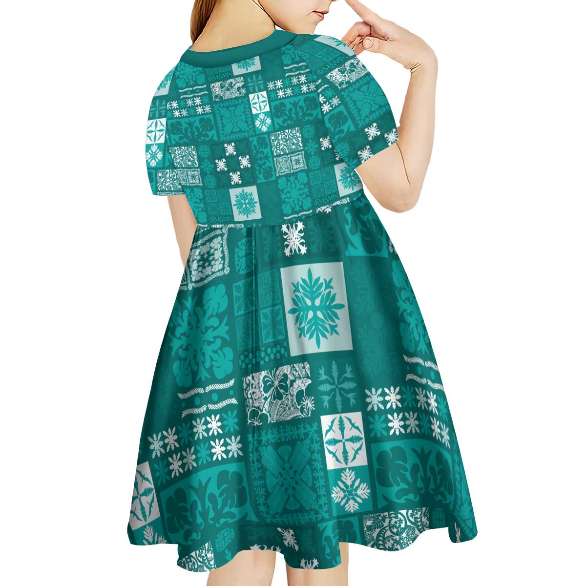 Vintage Hawaiian Quilting Patterns Kid Short Sleeve Dress Turquoise Style Tribal Fabric Patchwork - Polynesian Pride