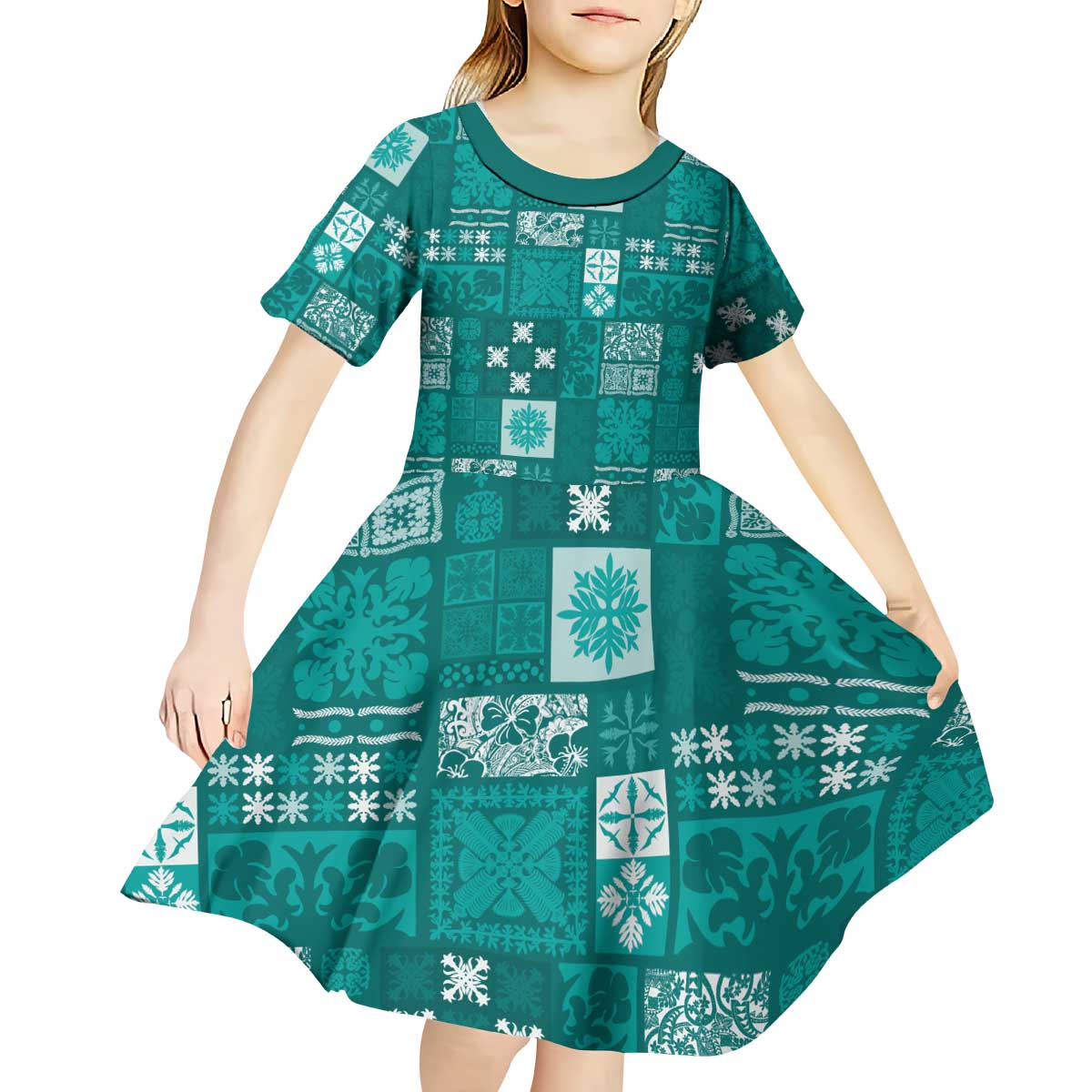 Vintage Hawaiian Quilting Patterns Kid Short Sleeve Dress Turquoise Style Tribal Fabric Patchwork - Polynesian Pride