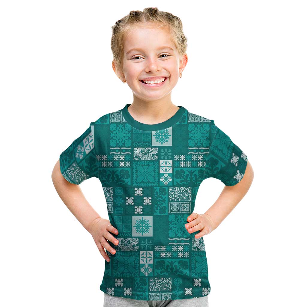 Vintage Hawaiian Quilting Patterns Kid T Shirt Turquoise Style Tribal Fabric Patchwork - Polynesian Pride