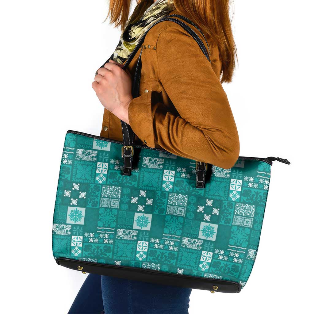 Vintage Hawaiian Quilting Patterns Leather Tote Bag Turquoise Style Tribal Fabric Patchwork - Polynesian Pride