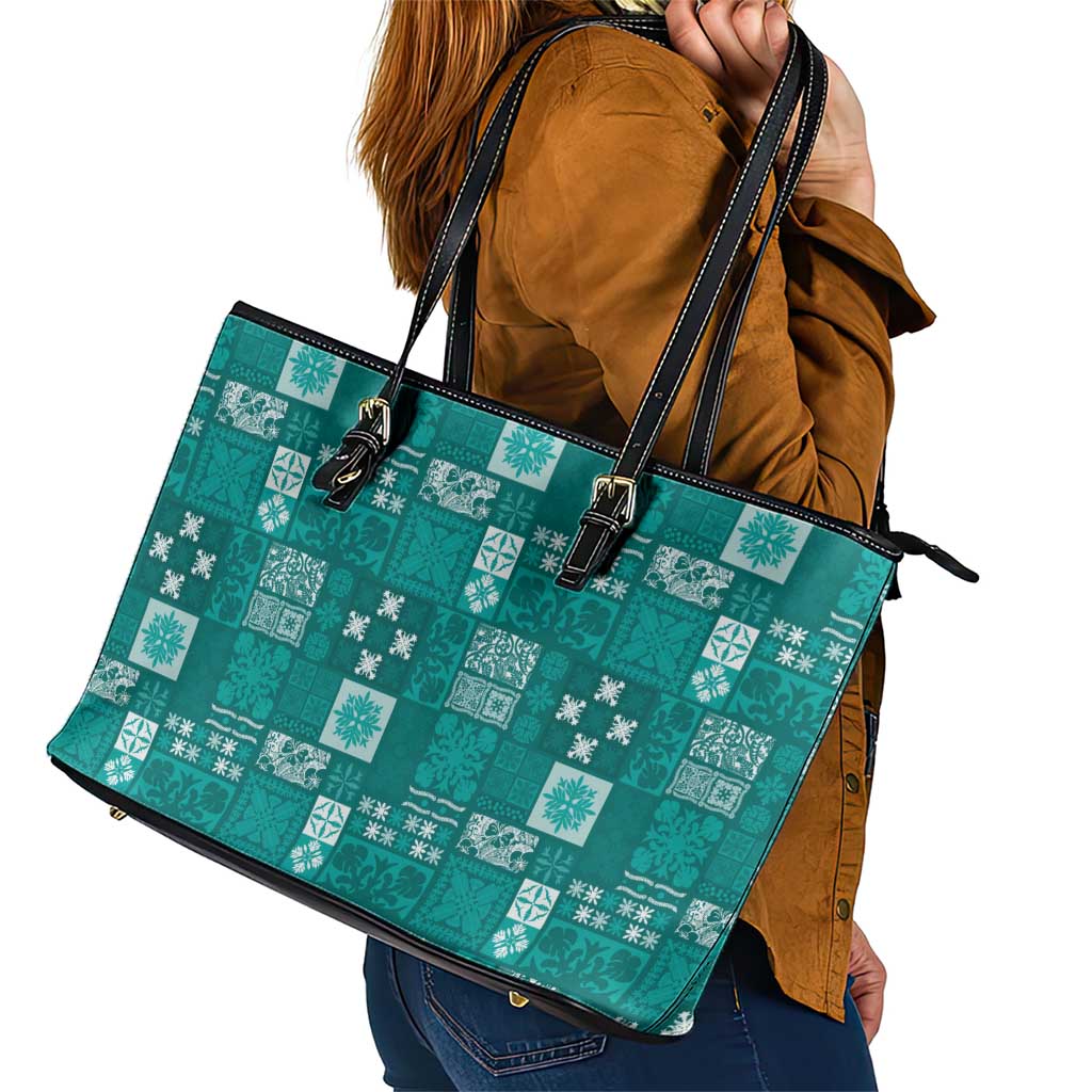 Vintage Hawaiian Quilting Patterns Leather Tote Bag Turquoise Style Tribal Fabric Patchwork - Polynesian Pride