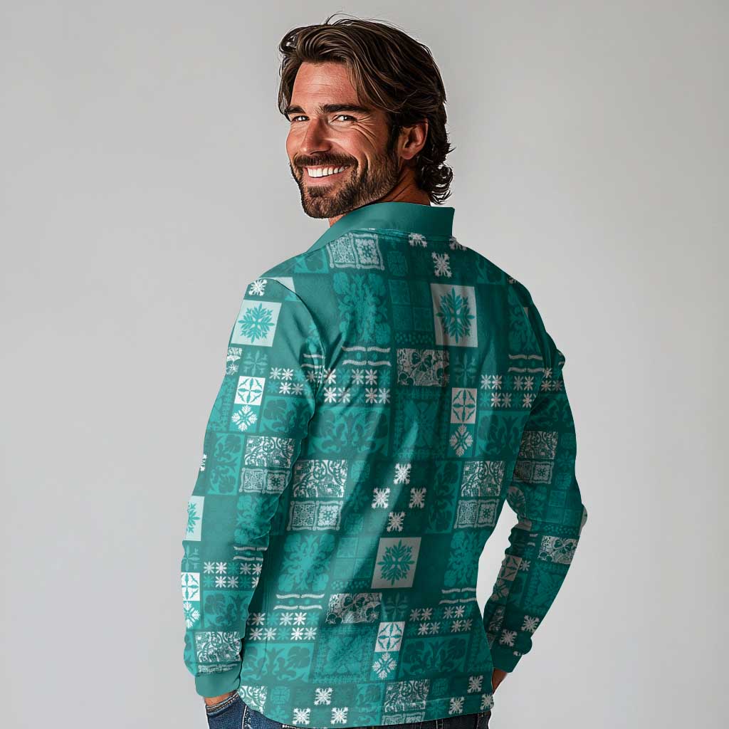 Vintage Hawaiian Quilting Patterns Long Sleeve Polo Shirt Turquoise Style Tribal Fabric Patchwork - Polynesian Pride