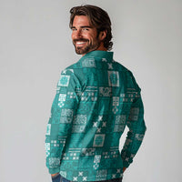 Vintage Hawaiian Quilting Patterns Long Sleeve Polo Shirt Turquoise Style Tribal Fabric Patchwork - Polynesian Pride