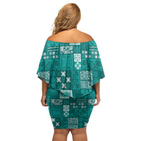 Vintage Hawaiian Quilting Patterns Off Shoulder Short Dress Turquoise Style Tribal Fabric Patchwork - Polynesian Pride