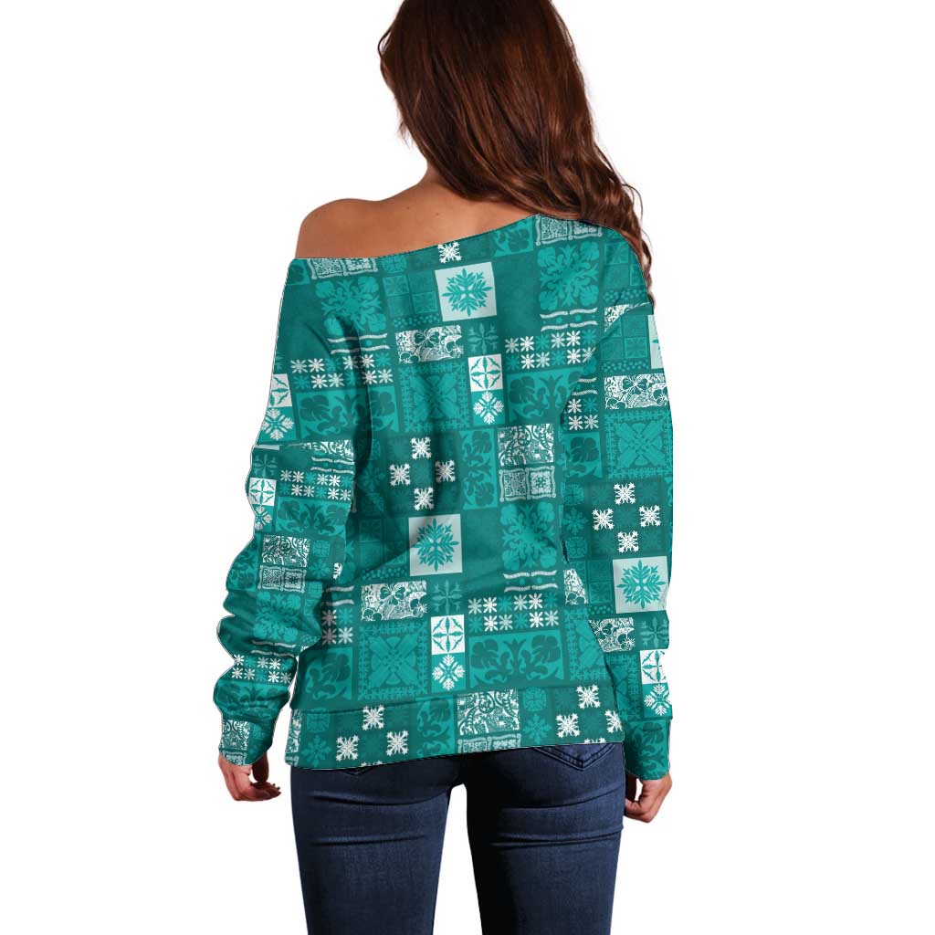 Vintage Hawaiian Quilting Patterns Off Shoulder Sweater Turquoise Style Tribal Fabric Patchwork - Polynesian Pride