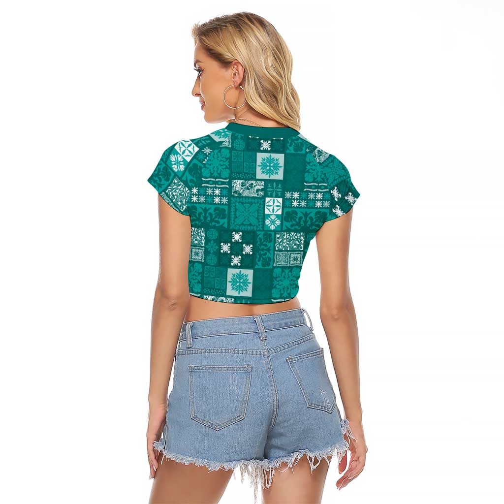 Vintage Hawaiian Quilting Patterns Raglan Cropped T Shirt Turquoise Style Tribal Fabric Patchwork - Polynesian Pride