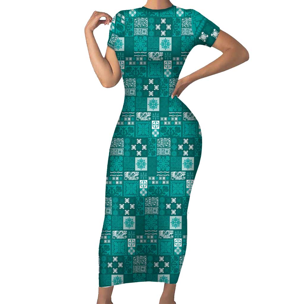 Vintage Hawaiian Quilting Patterns Short Sleeve Bodycon Dress Turquoise Style Tribal Fabric Patchwork - Polynesian Pride
