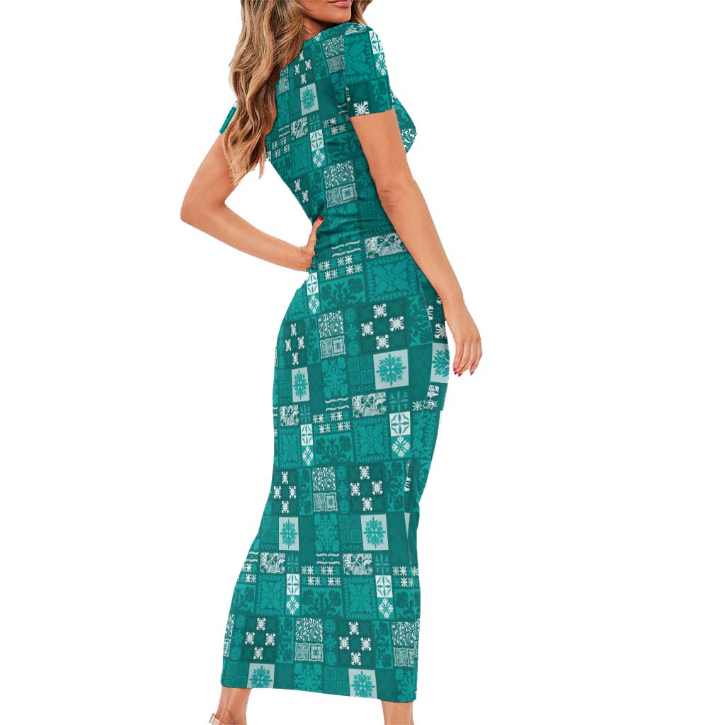 Vintage Hawaiian Quilting Patterns Short Sleeve Bodycon Dress Turquoise Style Tribal Fabric Patchwork - Polynesian Pride