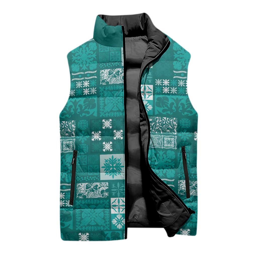 Vintage Hawaiian Quilting Patterns Sleeveless Puffer Jacket Turquoise Style Tribal Fabric Patchwork - Polynesian Pride