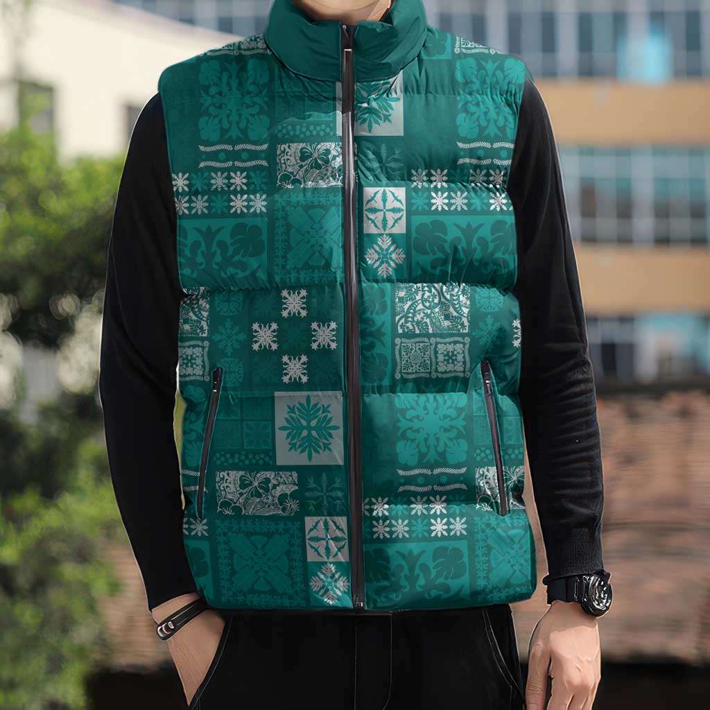 Vintage Hawaiian Quilting Patterns Sleeveless Puffer Jacket Turquoise Style Tribal Fabric Patchwork - Polynesian Pride