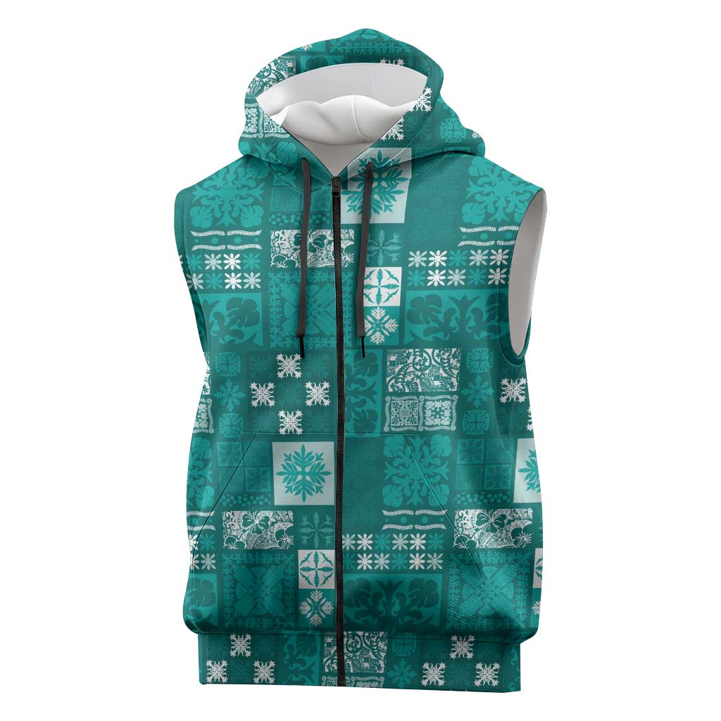 Vintage Hawaiian Quilting Patterns Sleeveless Zip Hoodie Turquoise Style Tribal Fabric Patchwork - Polynesian Pride