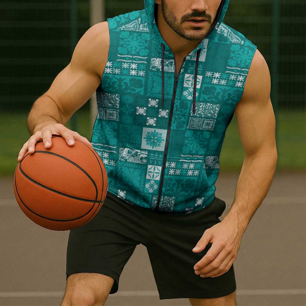 Vintage Hawaiian Quilting Patterns Sleeveless Zip Hoodie Turquoise Style Tribal Fabric Patchwork - Polynesian Pride