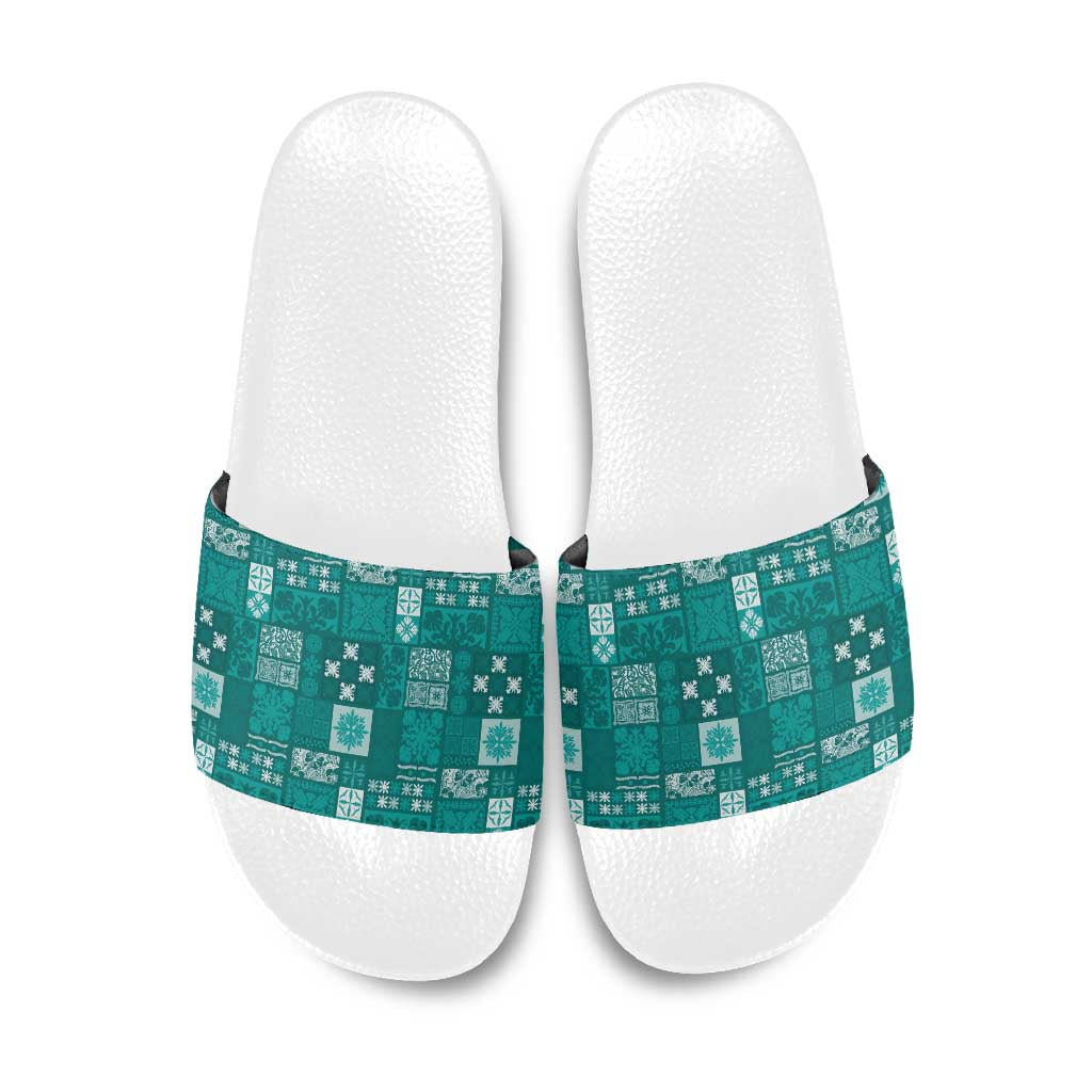 Vintage Hawaiian Quilting Patterns Slide Sandals Turquoise Style Tribal Fabric Patchwork - Polynesian Pride