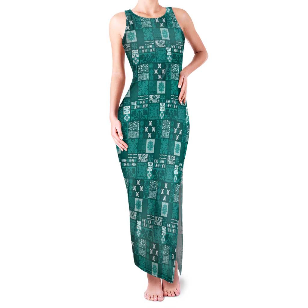 Vintage Hawaiian Quilting Patterns Tank Maxi Dress Turquoise Style Tribal Fabric Patchwork - Polynesian Pride