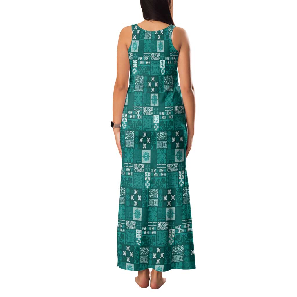 Vintage Hawaiian Quilting Patterns Tank Maxi Dress Turquoise Style Tribal Fabric Patchwork - Polynesian Pride