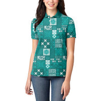 Vintage Hawaiian Quilting Patterns Women Polo Shirt Turquoise Style Tribal Fabric Patchwork - Polynesian Pride