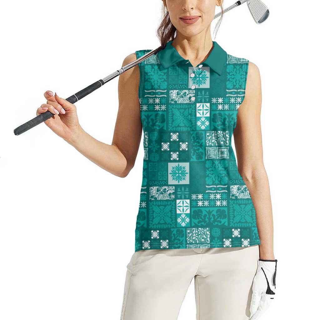 Vintage Hawaiian Quilting Patterns Women Sleeveless Polo Shirt Turquoise Style Tribal Fabric Patchwork - Polynesian Pride