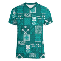 Vintage Hawaiian Quilting Patterns Women V-Neck T-Shirt Turquoise Style Tribal Fabric Patchwork - Polynesian Pride