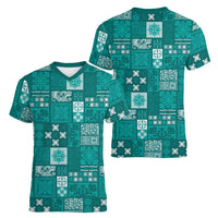 Vintage Hawaiian Quilting Patterns Women V-Neck T-Shirt Turquoise Style Tribal Fabric Patchwork - Polynesian Pride
