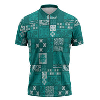 Vintage Hawaiian Quilting Patterns Zipper Polo Shirt Turquoise Style Tribal Fabric Patchwork - Polynesian Pride